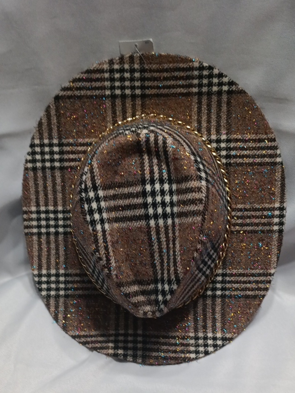 Plaid Glitter Trim Women's Fedora Hat - Brown